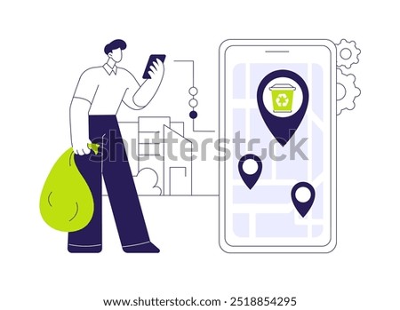 Waste app for citizens abstract concept vector illustration. Man with smartphone looking for a garbage bin to throw away waste using app, ecology industry, smart city abstract metaphor.