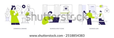 Corporate banking abstract concept vector illustration set. Commercial banking, business credit score, getting loan, financial services online, successful deal and agreement abstract metaphor.