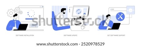 Software maintenance isolated cartoon vector illustrations set. Man with laptop installing professional software, update process, download new version, get support from developer vector cartoon.