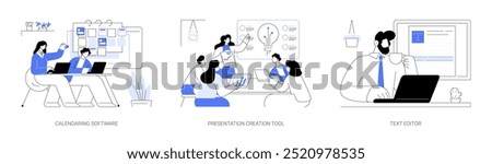 Working with software isolated cartoon vector illustrations set. Business people using online professional calendar, cloud-based presentation creation tool, edit document text editor vector cartoon.