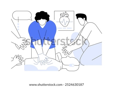 Emergency medical technicians isolated cartoon vector illustrations. Group of medical students provide first aid on mannequin, training course, vocational school, emergency help vector cartoon.