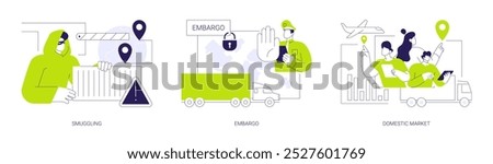 Logistics goods distribution abstract concept vector illustration set. Smuggling and gray import, embargo of import and export, domestic market, worldwide transportation abstract metaphor.