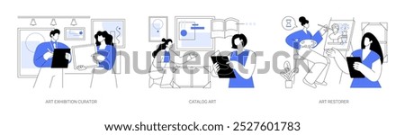 Art gallery isolated cartoon vector illustrations set. Professional exhibition curator, organize event, manager and artist discuss catalog of paintings, museum worker, art restorer vector cartoon.