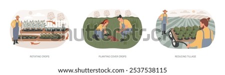 Sustainable agriculture practices isolated cartoon vector illustrations set. Rotating and planting cover crops, reducing tillage for soil protection, organic farming industry vector cartoon.