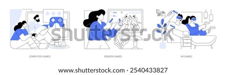 Gaming time isolated cartoon vector illustrations set. Happy couple play computer game, holding joystick, motion sensor controller, virtual reality simulator, wearing VR googles vector cartoon.