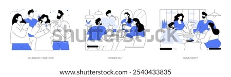 Family friends isolated cartoon vector illustrations set. Young people celebrate together, party time, families have dinner in a restaurant, eating at home, talking and laughing vector cartoon.