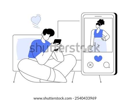 Dating app isolated cartoon vector illustrations. Man swipes photos on a smartphone screen when using dating application, IT technology development, online relationship vector cartoon.