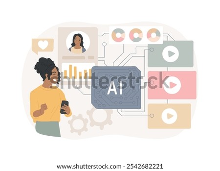 AI-Enhanced Content Recommendation abstract concept vector illustration. Entertainment. Movies, music, and games based on guest preferences and viewing history. AI Technology. abstract metaphor.