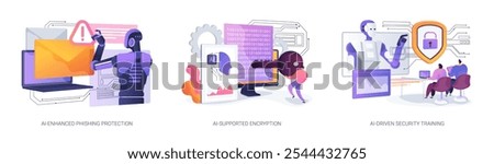 AI-powered Cybersecurity abstract concept vector illustration set. AI-Enhanced Phishing Protection, email and website scanning, AI-Supported Encryption, AI-Driven Security Training abstract metaphor.