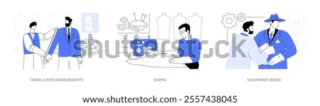 Tailoring isolated cartoon vector illustrations set. Taking clients measurements, sewing and alteration specialist, handmade clothing, tailor-made design, suit perfectly fits a man vector cartoon.