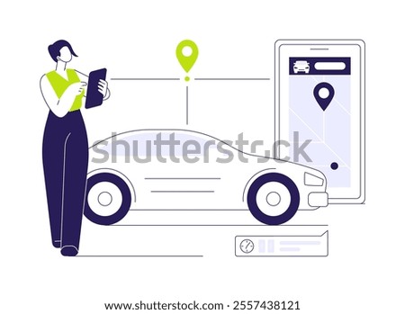 Ride-sharing apps abstract concept vector illustration. Smartphone with ride-sharing app, estimating time of arrival, pup-up sign with minutes, IT technology, data transfer abstract metaphor.