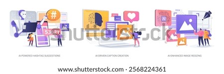 Artificial Intelligence in social media abstract concept vector illustration set. AI-Powered Hashtag Suggestions, AI-Driven Caption Creation, AI-Enhanced Image Resizing tools abstract metaphor.