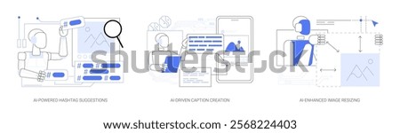 Artificial Intelligence in social media abstract concept vector illustration set. AI-Powered Hashtag Suggestions, AI-Driven Caption Creation, AI-Enhanced Image Resizing tools abstract metaphor.