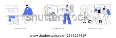 Outdoor advertising isolated cartoon vector illustrations set. Printing company, typography prepares a printed add, lightbox commercial, worker hanging billboard, product promotion vector cartoon.