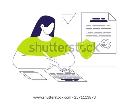 Secure copyright abstract concept vector illustration. Person filling patent application form, secure copyright, launching product process, intellectual property protection abstract metaphor.