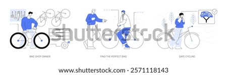 Bike rental isolated cartoon vector illustrations set. Bicycle store business owner consulting client, choosing size of bike for rent, wearing helmet, safe cycling, going on a ride vector cartoon.