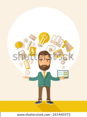A happy hipster Caucasian a self employed with beard standing enjoying doing a multitasking, working on different projects from his home office only by himself. Self reliance concept.
