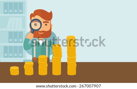 A hipster Caucasian businessman with beard looking his growing business in financial crisis concept. Economy and money, coin and success. When others falls, we rise up. A contemporary style with
