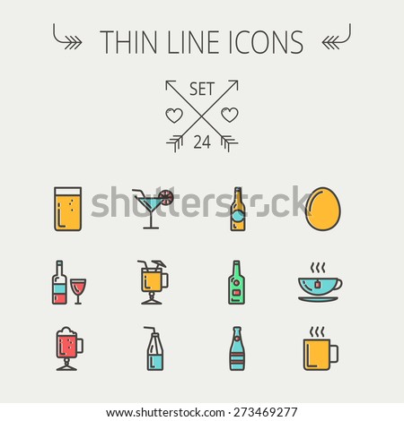 Food and drink thin line icon set for web and mobile. Set includes - soda, wine, whisky, coffee, hot choco, beer, ice tea, egg  icons. Modern minimalistic flat design. Vector icon with dark grey