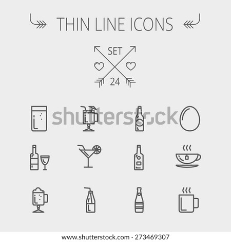 Food and drink thin line icon set for web and mobile. Set includes-soda, wine, whisky, coffee, hot choco, beer, ice tea, egg icons. Modern minimalistic flat design. Vector dark grey icon on light grey