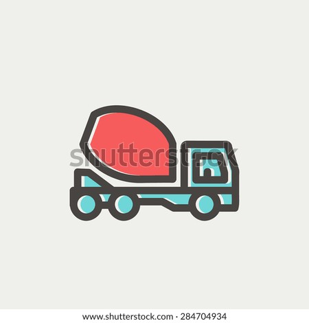Concrete mixer truck icon thin line for web and mobile, modern minimalistic flat design. Vector icon with dark grey outline and offset colour on light grey background.