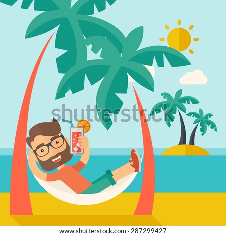 A young caucasian on the beach relaxing and drinking cocktail under the heat of the sun with two coconut tree. A contemporary style with pastel palette blue tinted background with desaturated clouds
