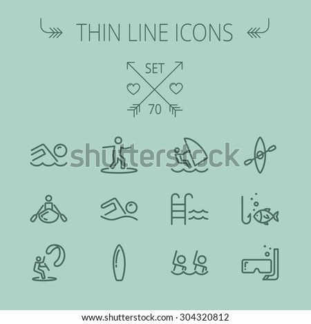 Sports thin line icon set for web and mobile. Set includes-swimming, snorkel, mask, kayak, wakeboard icons. Modern minimalistic flat design. Vector dark grey icon on grey background.