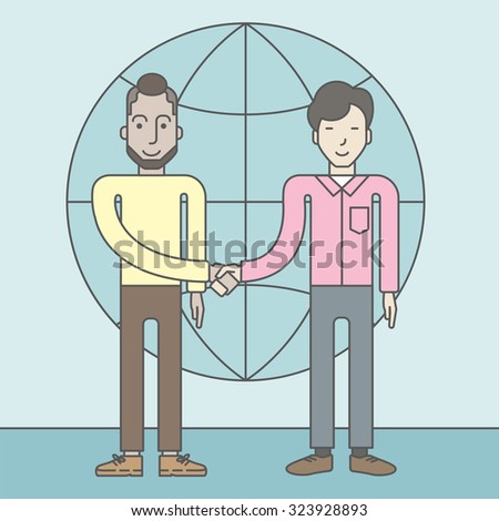 Two men standing and handshaking for the successful business deal on the globe background. Business partnership concept. Vector line design illustration. Square layout.