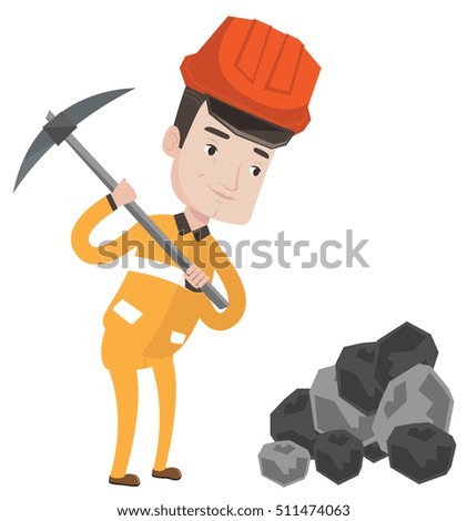 Caucasian miner in hard hat working with a pickaxe. Miner working at the coal mine. Young miner at work. Vector flat design illustration isolated on white background.