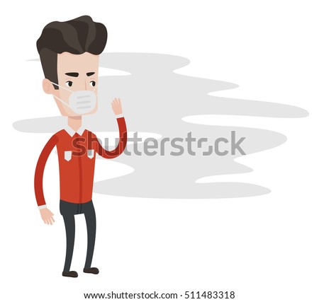 Young caucasian man standing in smoke pollution. Man wearing a mask to reduce the effect of air pollution. Concept of toxic air pollution. Vector flat design illustration isolated on white background.