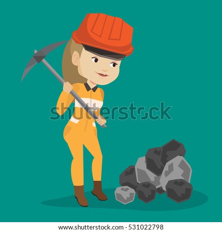 Caucasian female miner in hard hat working with a pickaxe. Female miner working at the coal mine. Young female miner at work. Vector flat design illustration. Square layout.