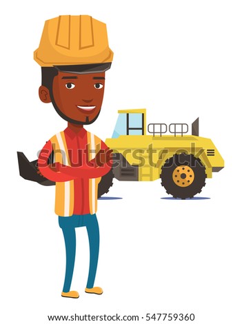 An african-american smiling miner in hard hat standing on the background of a big excavator. Confident miner standing with crossed arms. Vector flat design illustration isolated on white background.