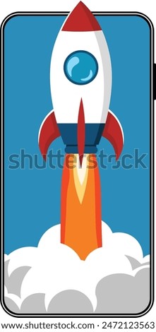 Rocket Taking Off from Smartphone Screen, Symbol of New Business Start Up and Product Launch, Successful Start Up and Innovative Business Project with a Creative Idea Vector Illustration