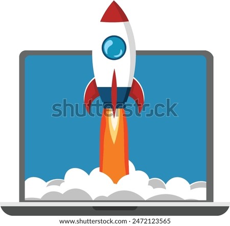 Rocket Taking Off from Laptop Screen, Symbol of New Business Start Up and Product Launch, Successful Start Up and Innovative Business Project with a Creative Idea Vector Illustration