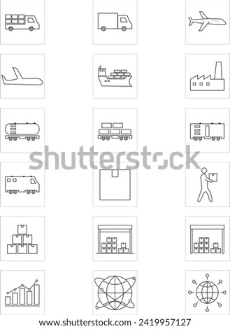 A set of 18 logistics icons. Simple editable stroke outline icons for logistics, supply chain, transportation, warehouses, delivery, cargo, network, ship transport, air transport, and factory
