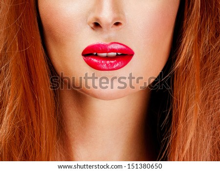 Red Hair. Fashion Girl Portrait. long  Hair and red lipstick.