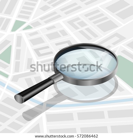Vector illustration. Magnifying glass on a city map. Design for mobile apps, banner. Isometric. 3D