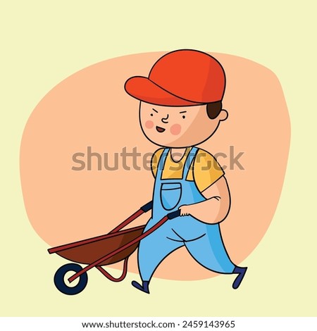 cartoon image of a child pushing a cart as a construction worker