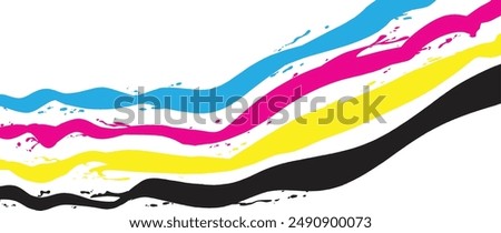 CMYK paint flow colorful rainbow paint liquid color splash explosion isolated on white background. Industry diy paint job graffiti, graphic printing concept