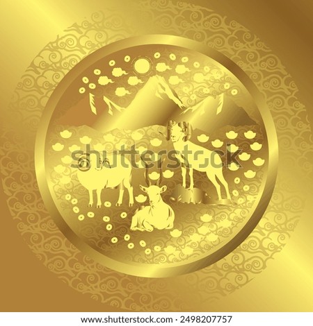 2027 Chinese New Year Zodiac sign, year of the goat, gazelle, sheep, golden circular design patterns, feature ornamental details, gold gradient background, feng shui, San Yang Kai Tai, CNY red pocket