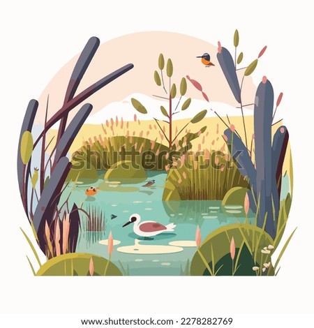 A tranquil wetland with cattails, waterfowl, and hidden channels