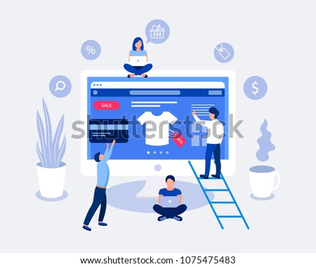 Online shopping design concept. Small people buy things on the site. Laptop screen with open site with goods t-shirt. Flat design. Vector illustration.