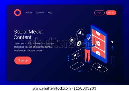 Social media isometric concept. Man watches videos from YouTube through a smartphone screen. Flat 3d style. Landing page template. Vector illustration.