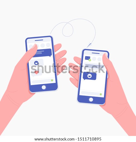 People online communication concept. Two people hands holding smartphones. Chatting or sending messages. Hand typing new message using phone chat app. Mobile communication. Trendy flat style. Vector