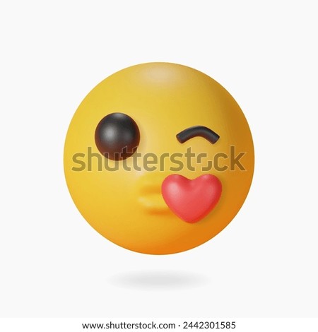 3d kiss emoji. Love emoticon with lips blowing a kiss, winking yellow face with red heart. 3d render glossy plastic icon. Vector illustration.