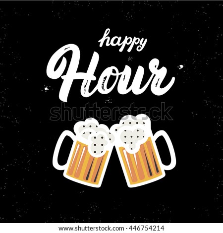 Happy hour hand written lettering quote with mug of beer. Isolated on white background. Brush texture. Vector illustration.