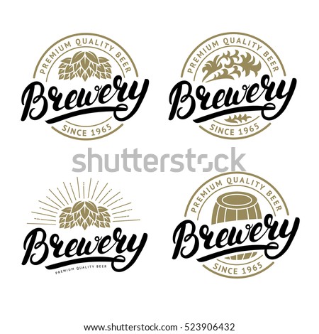 Set of Brewery hand written lettering logo, label, badge template with hop for beer house, bar, pub, brewing company, tavern. White background. Vintage style. Vector illustration.