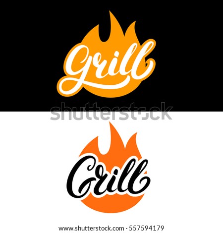 Set of grill hand written lettering logo, label, madge or emblem with fire. Isolated on background. Vector illustration.