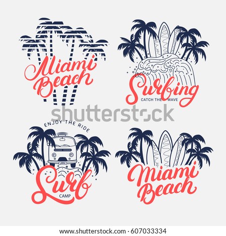 Set of Miami Beach and Surfing hand written lettering with palms, surfboards and bus for tee print, label, badge. Apparel design. Isolated on background. Vector illustration.