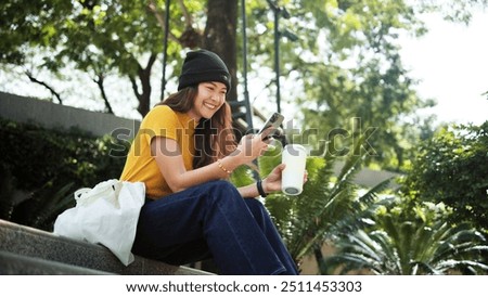 Similar – Image, Stock Photo Eco net reusable tote bag for environment friendly grocery shopping, hanging on a door knob. Neutral color zero waste and recycling  concept.